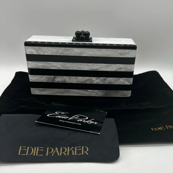 New Edie Parker Women's Jean Black Pearl White Striped Clutch Bag rare - Picture 5 of 13